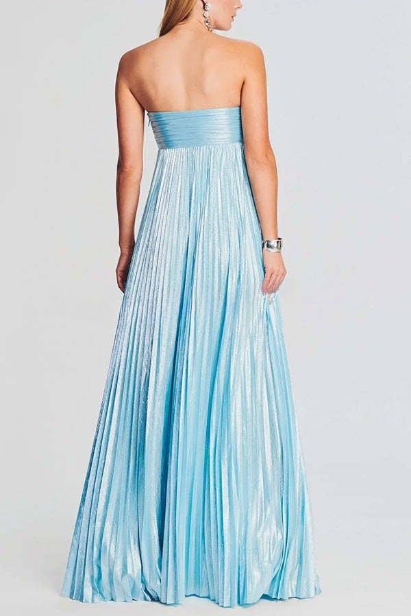 Metallic Sexy Tube Top Pleated High Slit Maxi Dress