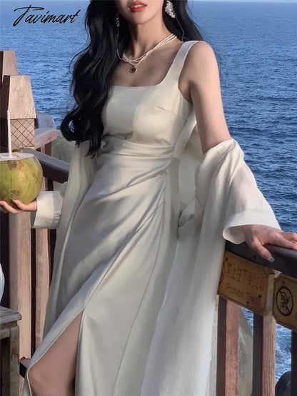 Midi Dress Women Elegant Summer Folds Fashion Evening Party Lady Vestido Vintage Spring Female Clothing Solid Satin Dresses