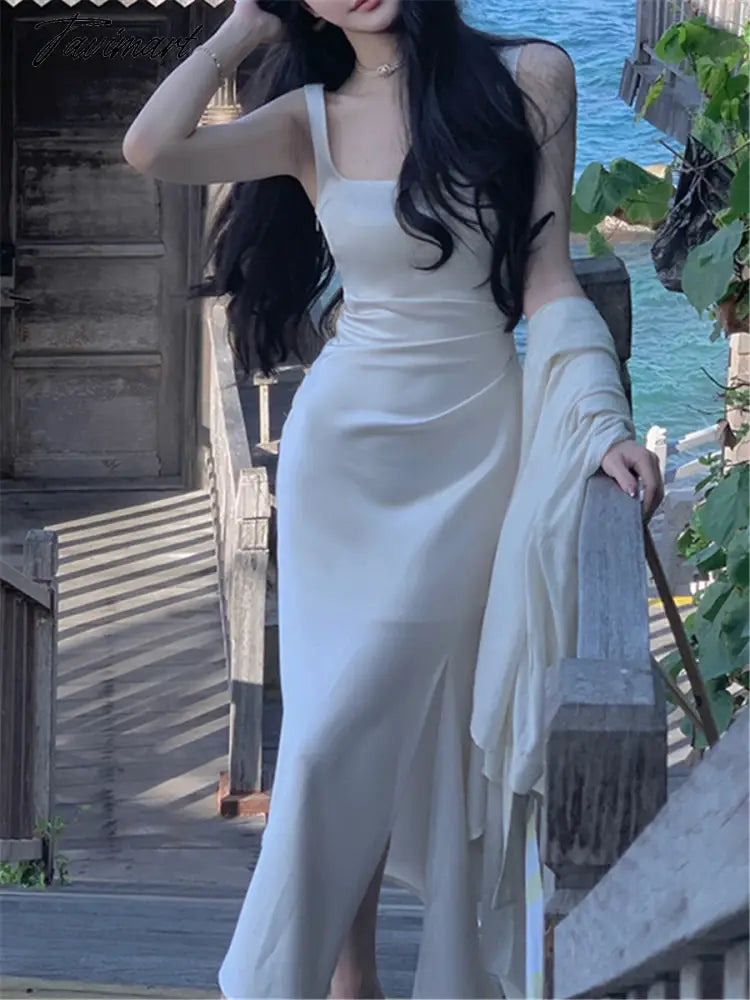 Midi Dress Women Elegant Summer Folds Fashion Evening Party Lady Vestido Vintage Spring Female Clothing Solid Satin Dresses