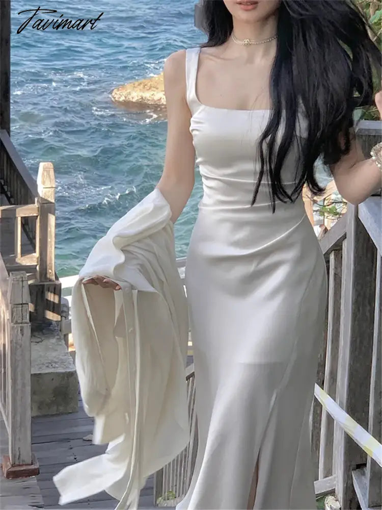 Midi Dress Women Elegant Summer Folds Fashion Evening Party Lady Vestido Vintage Spring Female Clothing Solid Satin Dresses