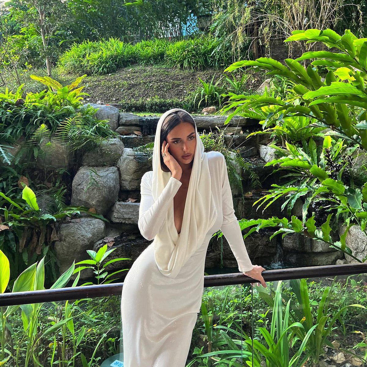 Hooded Long Sleeve Cutout Waist Rib Knit Maxi Dress