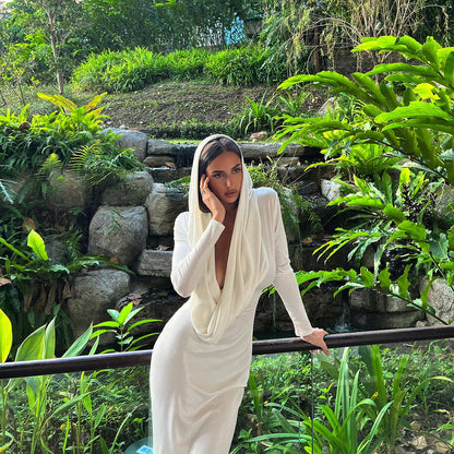 Hooded Long Sleeve Cutout Waist Rib Knit Maxi Dress