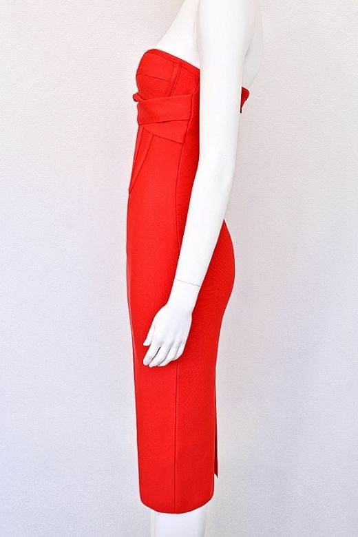 Lipstick Red Strapless Sweetheart Corset Bandage Bodycon Midi Dress
