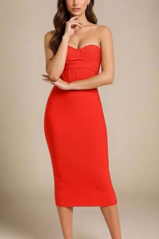 Lipstick Red Strapless Sweetheart Corset Bandage Bodycon Midi Dress