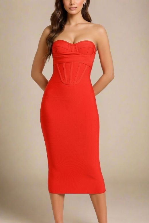 Lipstick Red Strapless Sweetheart Corset Bandage Bodycon Midi Dress