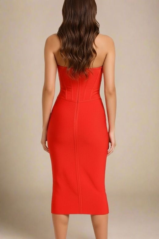 Lipstick Red Strapless Sweetheart Corset Bandage Bodycon Midi Dress