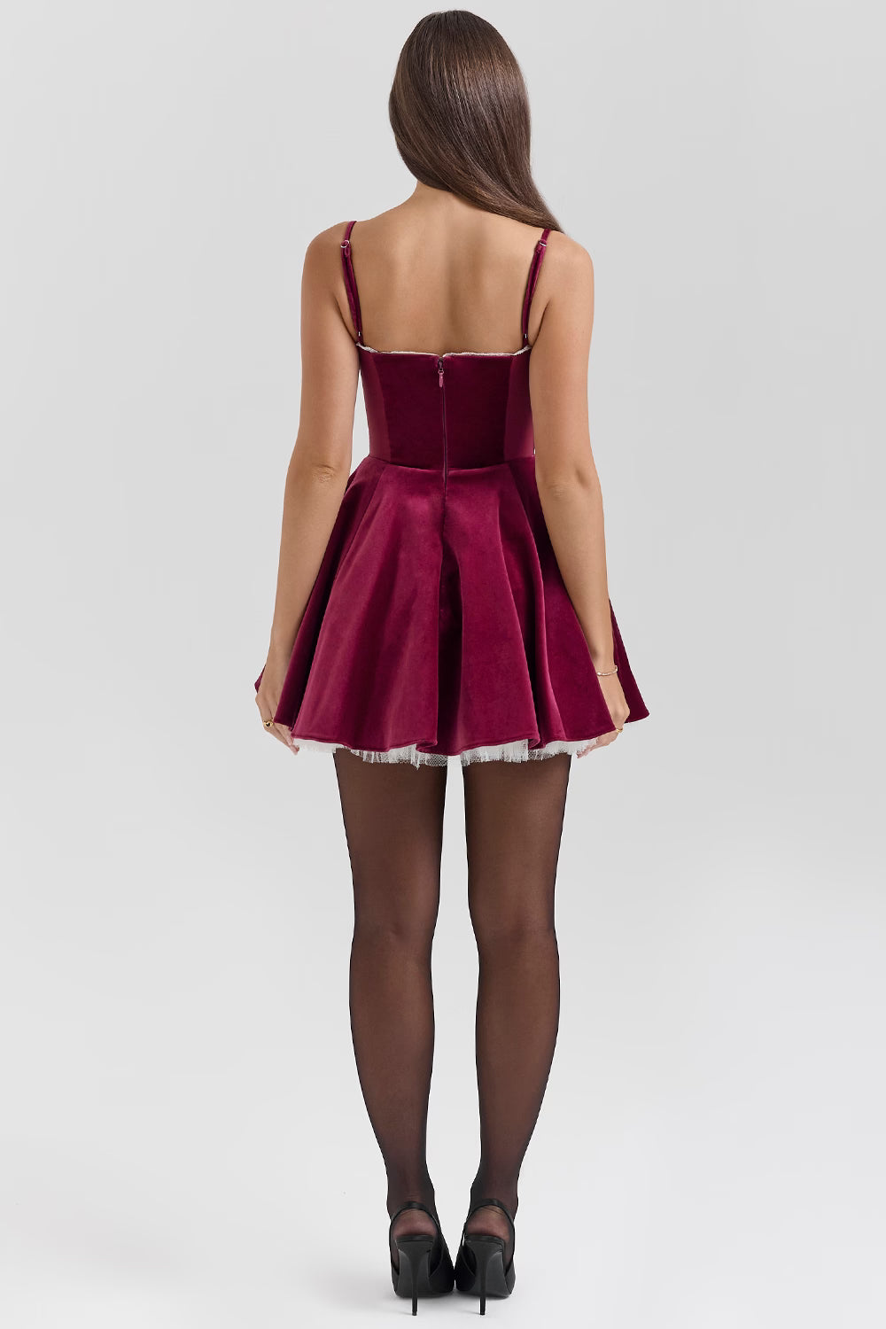 Sweetheart Neck Lace Trim Spaghetti Strap Velvet Tulle Skater Mini Dress