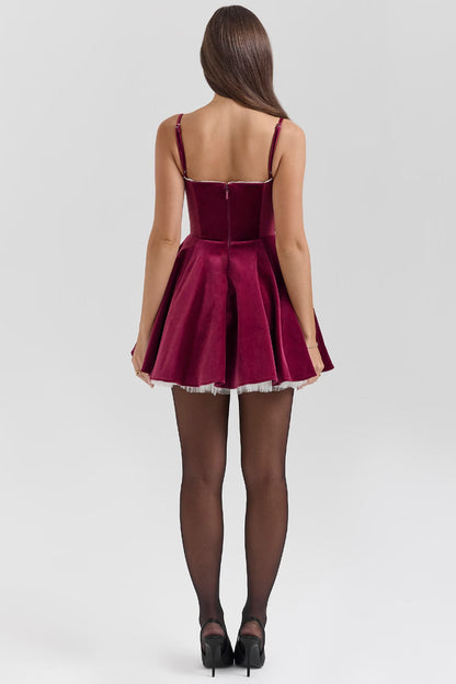 Sweetheart Neck Lace Trim Spaghetti Strap Velvet Tulle Skater Mini Dress