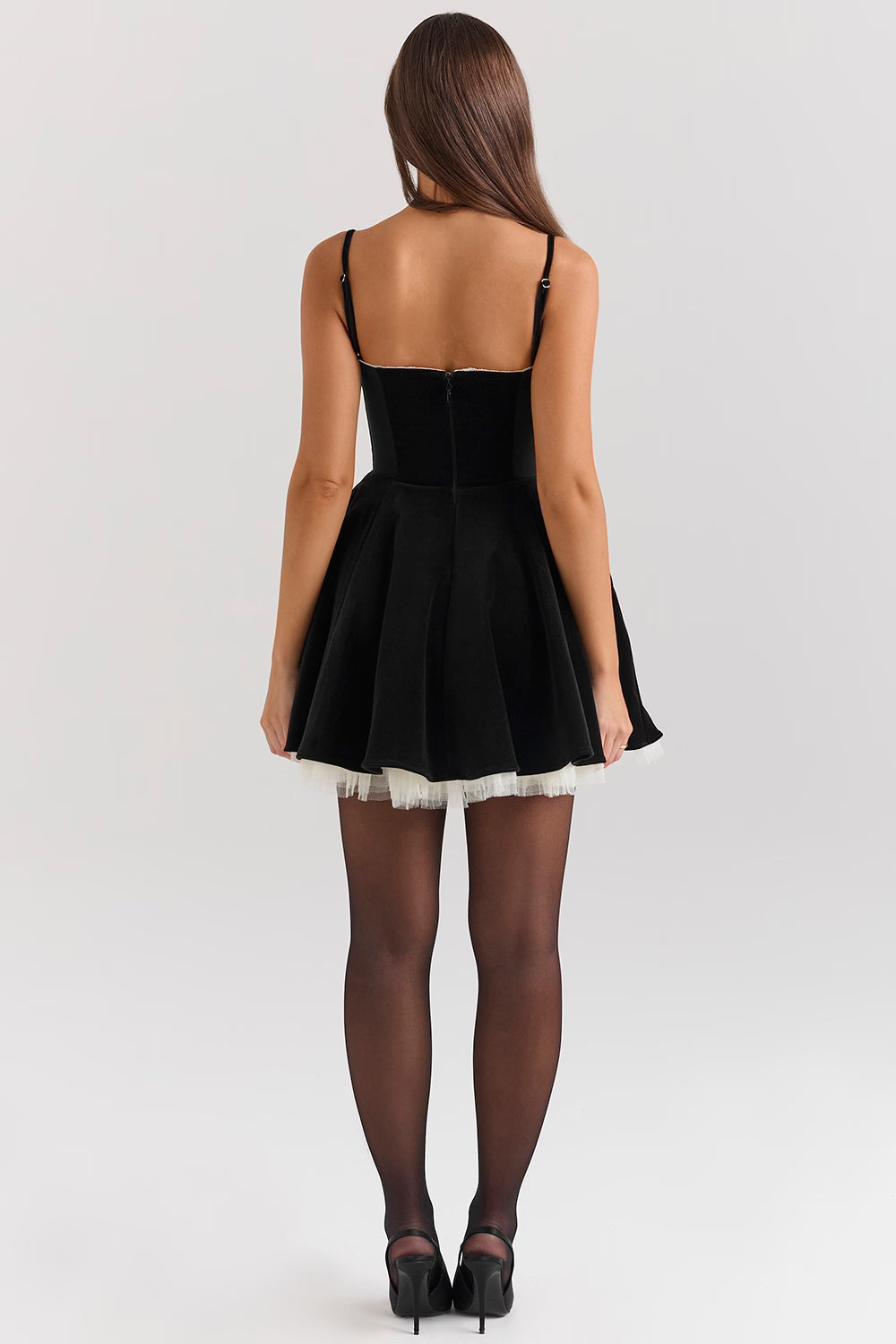 Sweetheart Neck Lace Trim Spaghetti Strap Velvet Tulle Skater Mini Dress