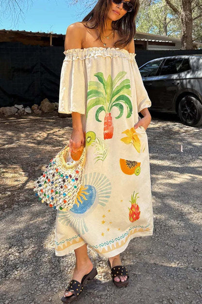 Sunveil Linen Blend Unique Print Puff Sleeve Pocket Strapless Maxi Dress