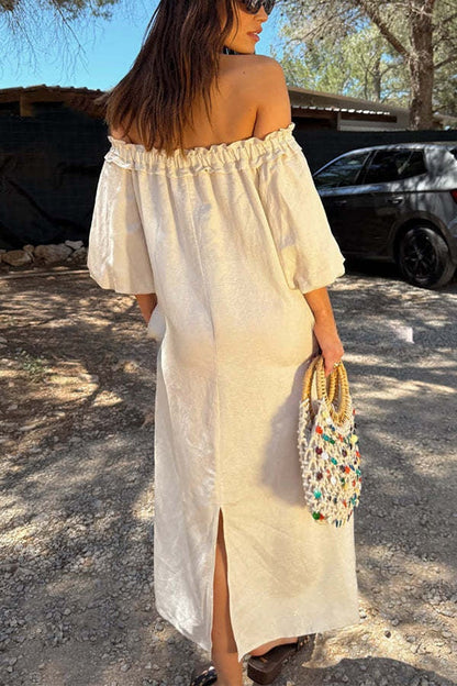 Sunveil Linen Blend Unique Print Puff Sleeve Pocket Strapless Maxi Dress