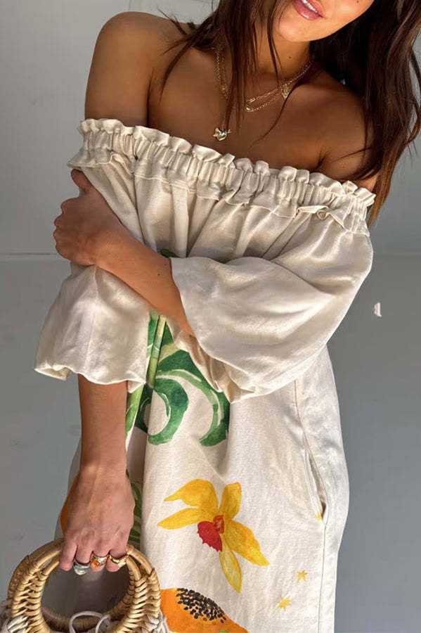 Sunveil Linen Blend Unique Print Puff Sleeve Pocket Strapless Maxi Dress