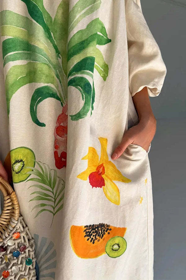 Sunveil Linen Blend Unique Print Puff Sleeve Pocket Strapless Maxi Dress