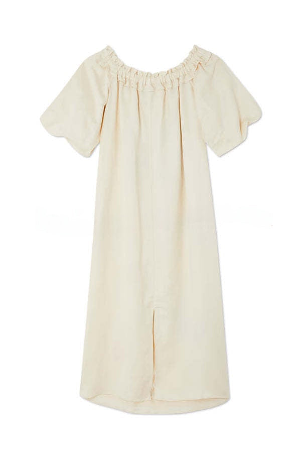 Sunveil Linen Blend Unique Print Puff Sleeve Pocket Strapless Maxi Dress