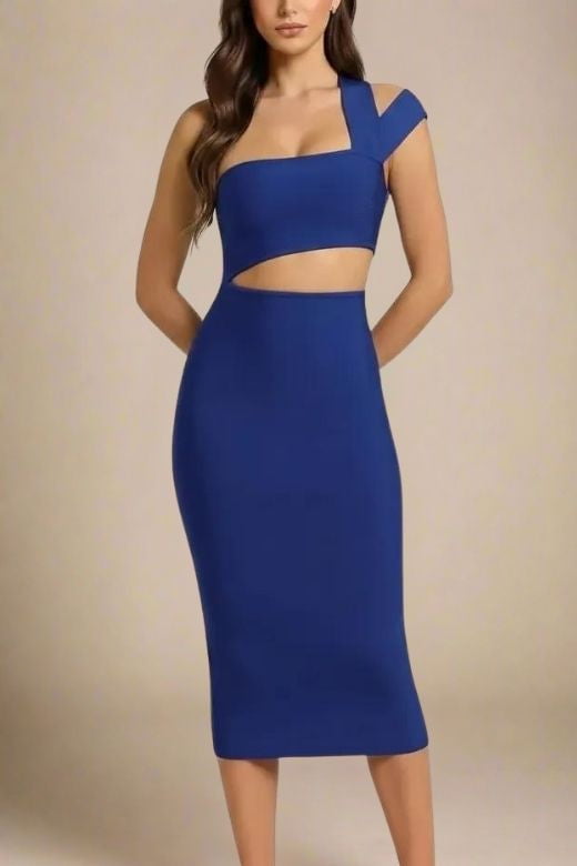 Navy Blue One Shoulder Cut Out Waist Cut Out Bandage Midi Dress
