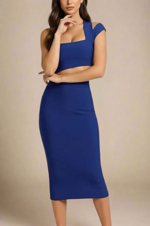 Navy Blue One Shoulder Cut Out Waist Cut Out Bandage Midi Dress