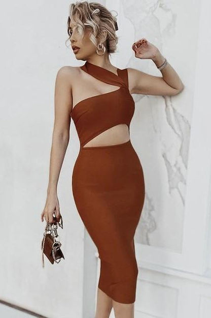 Navy Blue One Shoulder Cut Out Waist Cut Out Bandage Midi Dress