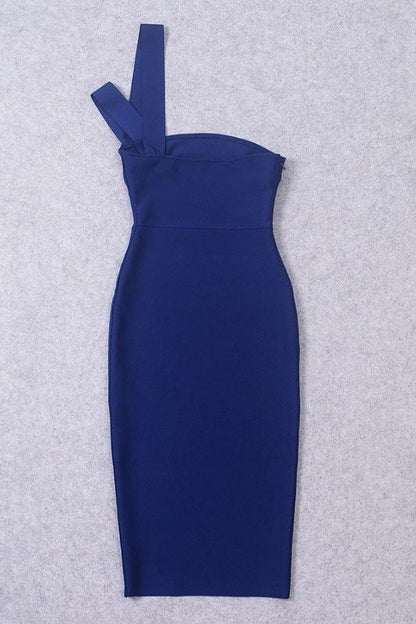 Navy Blue One Shoulder Cut Out Waist Cut Out Bandage Midi Dress