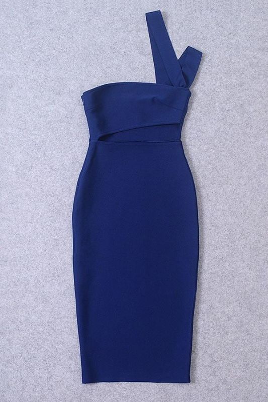 Navy Blue One Shoulder Cut Out Waist Cut Out Bandage Midi Dress