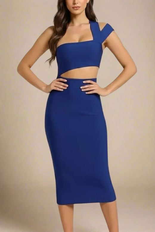 Navy Blue One Shoulder Cut Out Waist Cut Out Bandage Midi Dress