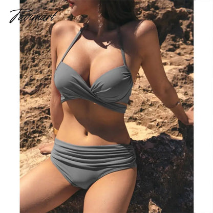 Mqtime Sexy High Waist Bikinis New Halter Swimwear Women Swimsuit Female Bikini Set Soild Bodysuit Bathing Suit Summer Biquini