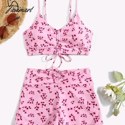 Mqtime Women Digital Printed Split Swimsuits Sexy Backless Bikini Set Summer High Waist Boxer Swimsuit Bathing Suits Beach Swimwear