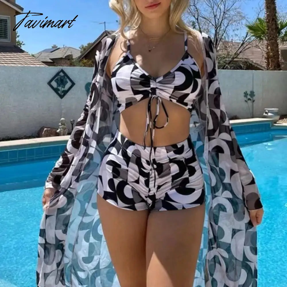 Mqtime Women High Waist Digital Printing Bikini Set Push Up Split Swimsuits Long Sleeve Swimwear Beach Wear Bathing Suits