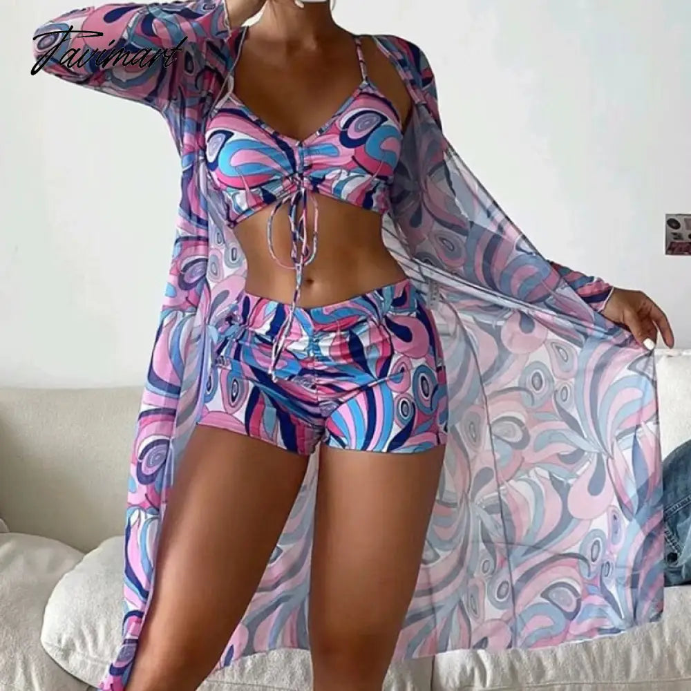 Mqtime Women High Waist Digital Printing Bikini Set Push Up Split Swimsuits Long Sleeve Swimwear Beach Wear Bathing Suits