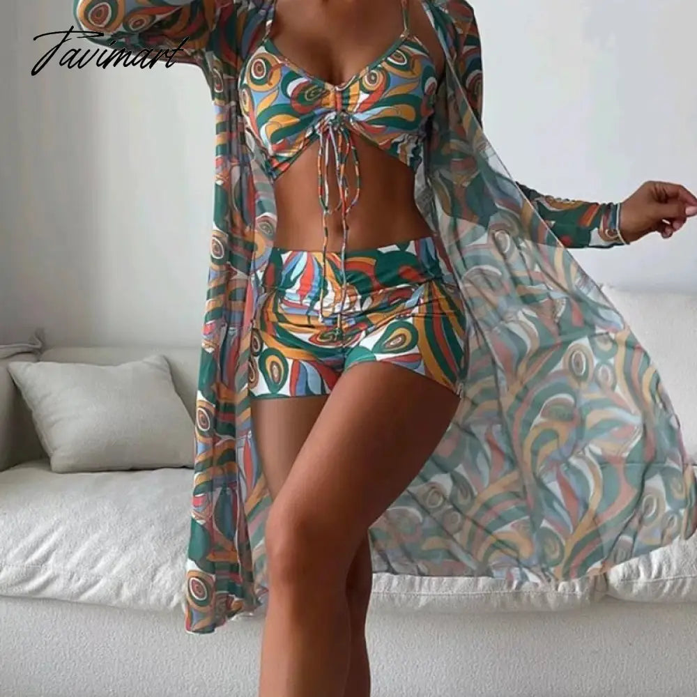 Mqtime Women High Waist Digital Printing Bikini Set Push Up Split Swimsuits Long Sleeve Swimwear Beach Wear Bathing Suits