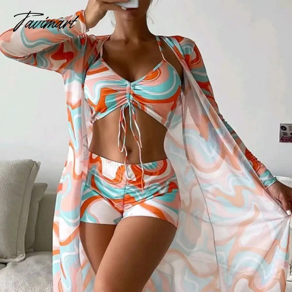 Mqtime Women High Waist Digital Printing Bikini Set Push Up Split Swimsuits Long Sleeve Swimwear Beach Wear Bathing Suits