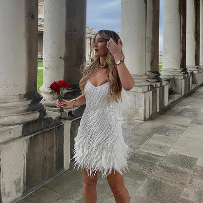 Strapless Sequin Fringe Hem Mini Dress