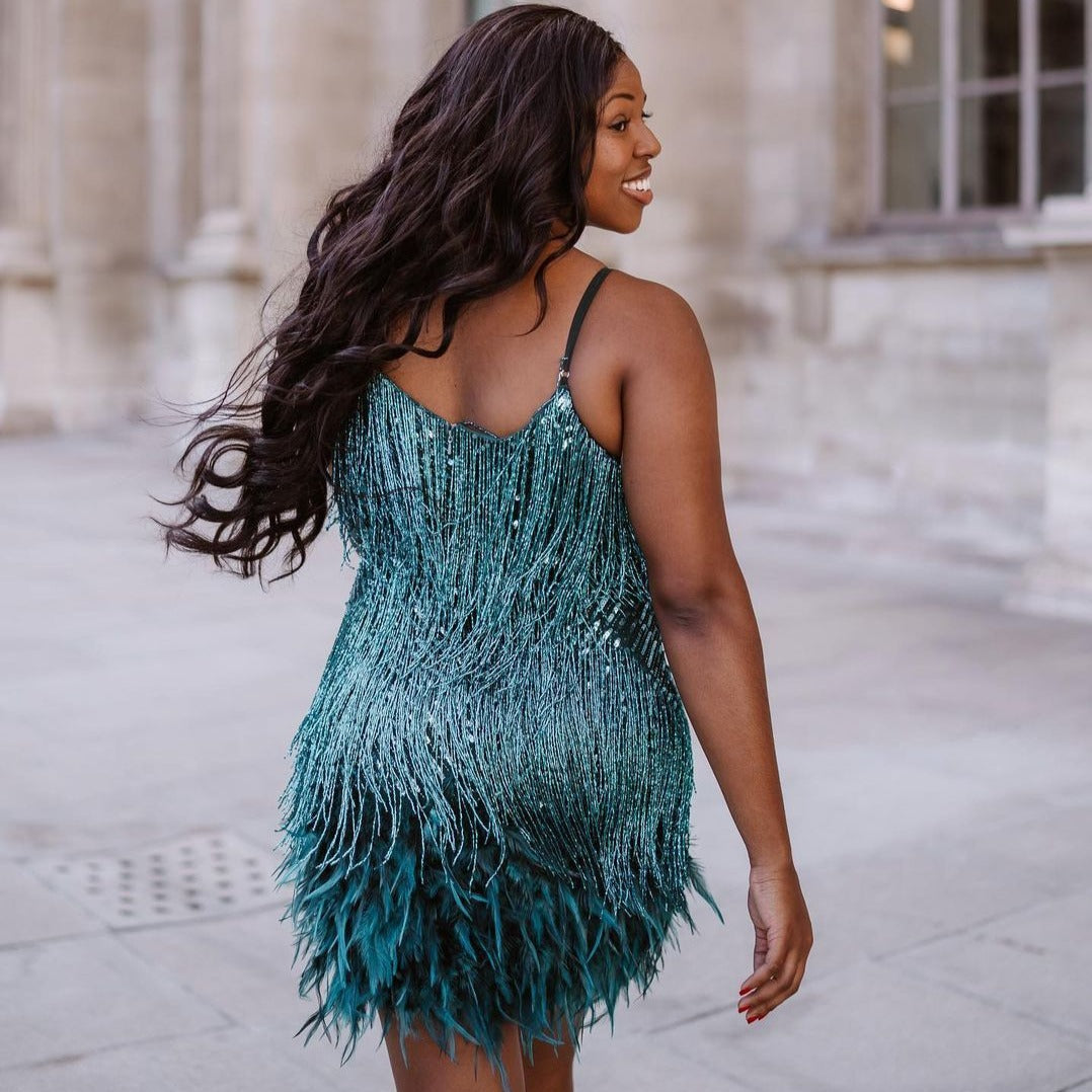 Strapless Sequin Fringe Hem Mini Dress