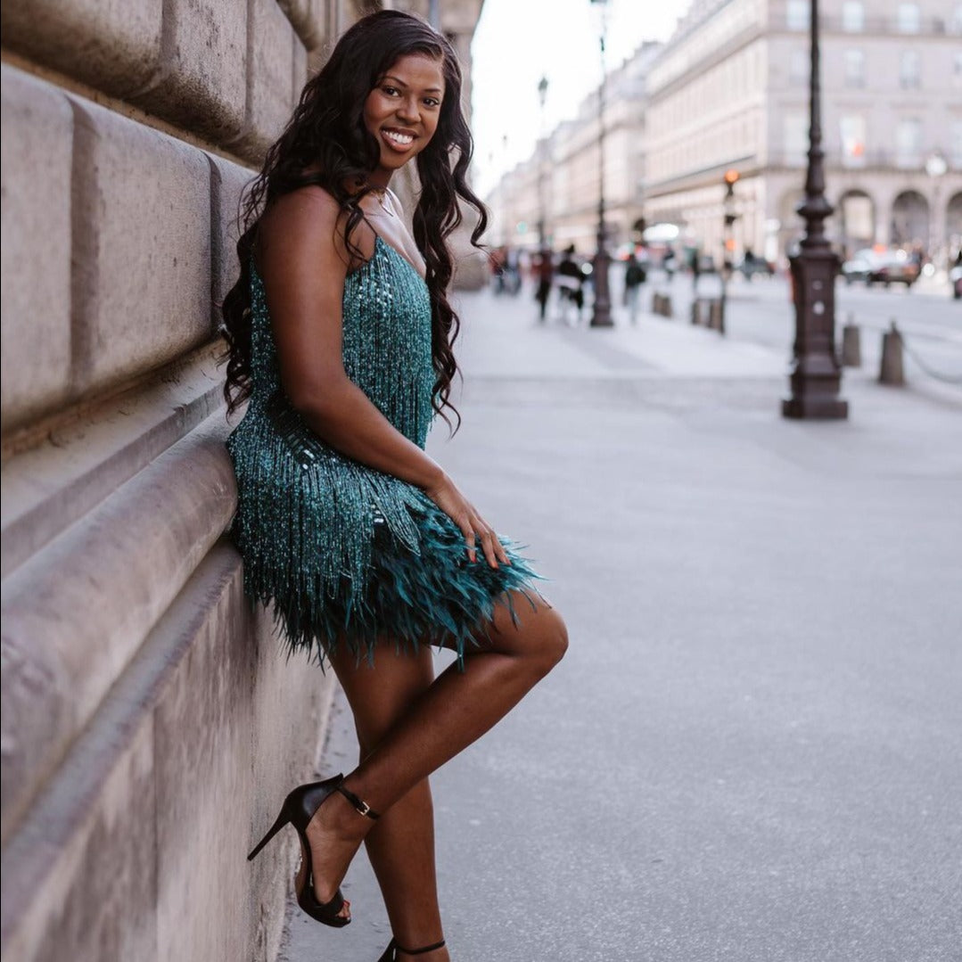 Strapless Sequin Fringe Hem Mini Dress