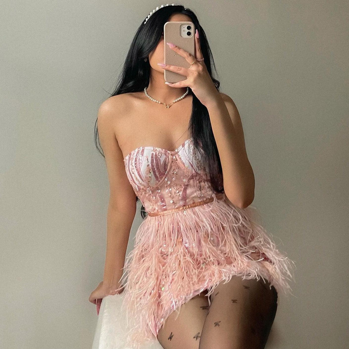Sweetheart Sequin Feather Fringe Trim Mini Dress