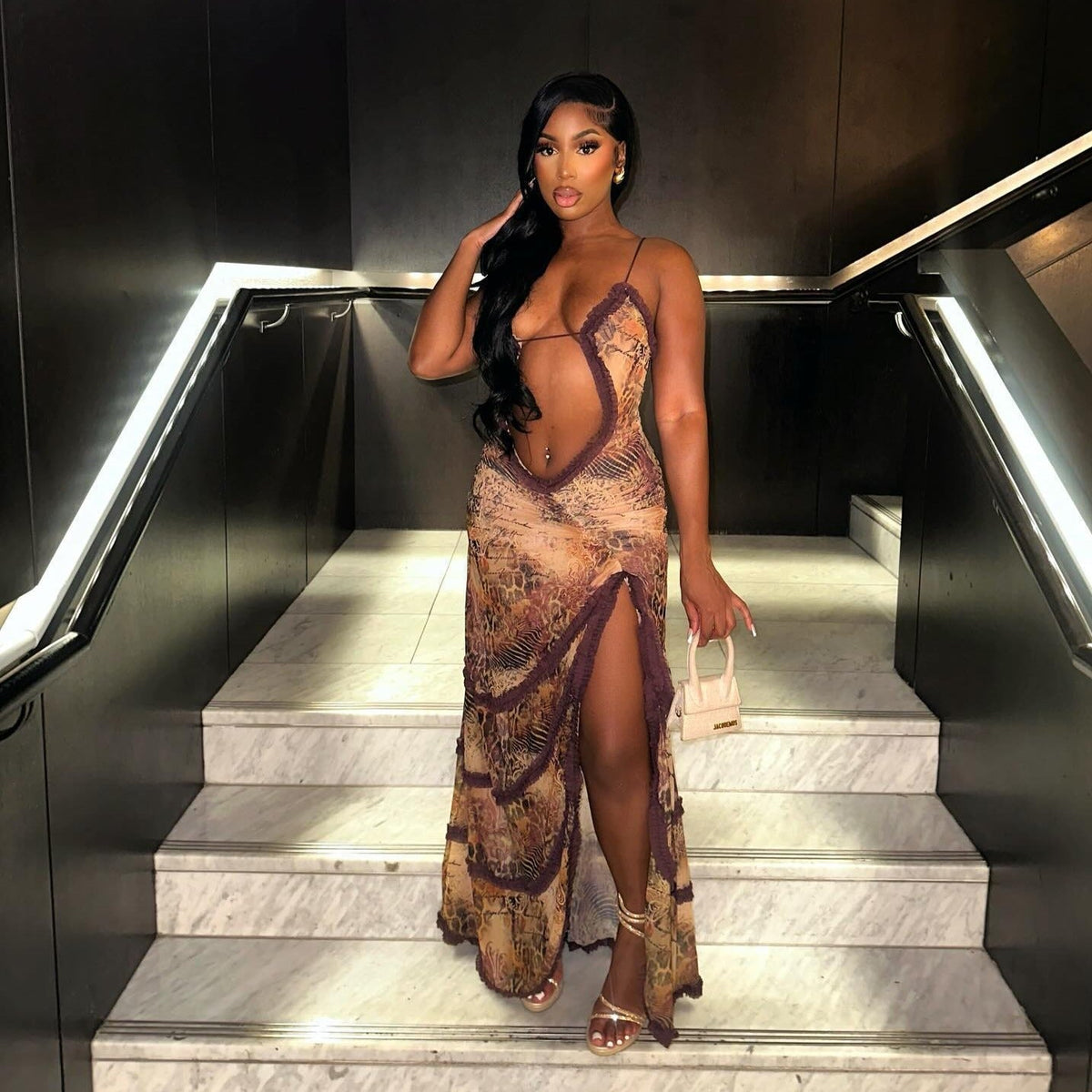 Halter Spaghetti Strap Script Print Teardrop Cutout Ruched Maxi Dress
