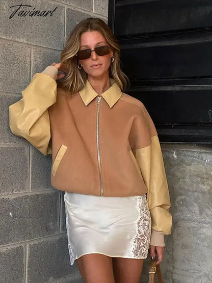 New Lapel Contrast Color Panel Jacket Coat Women Long Sleeved Zipper Pocket Coat Autumn Fashion Female High Street Outwears