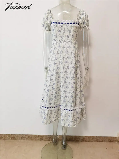 New Summer Print Plaid Short Sleeve Square Collar High Waist Lace-up Holiday Vocation Beach Long Women Dress