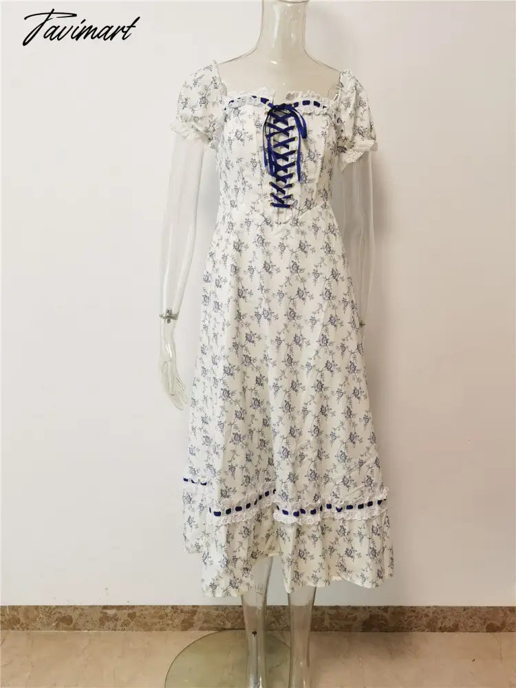 New Summer Print Plaid Short Sleeve Square Collar High Waist Lace-up Holiday Vocation Beach Long Women Dress
