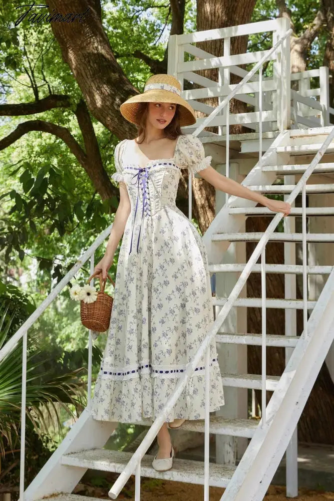 New Summer Print Plaid Short Sleeve Square Collar High Waist Lace-up Holiday Vocation Beach Long Women Dress