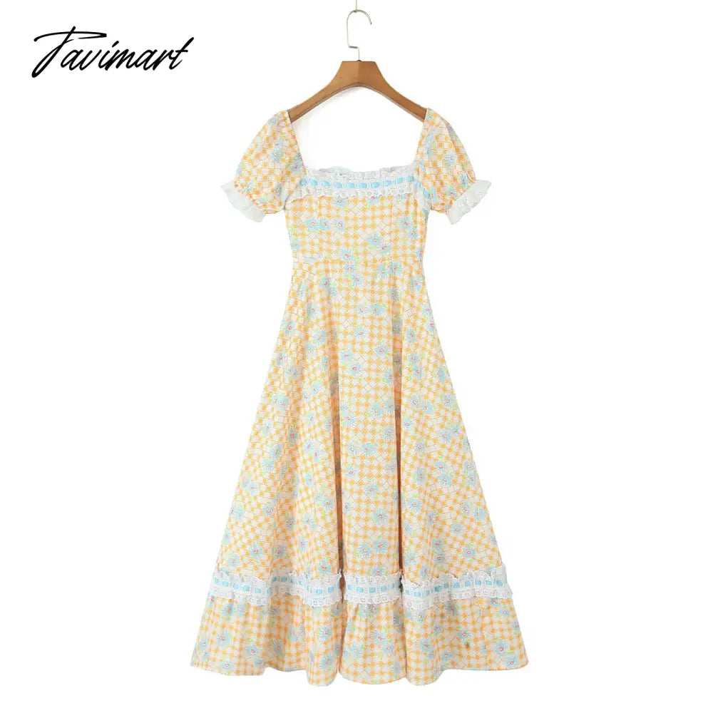 New Summer Print Plaid Short Sleeve Square Collar High Waist Lace-up Holiday Vocation Beach Long Women Dress