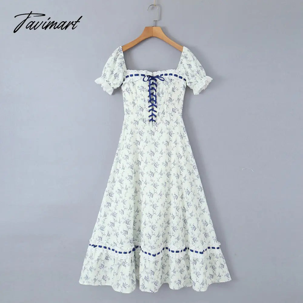 New Summer Print Plaid Short Sleeve Square Collar High Waist Lace-up Holiday Vocation Beach Long Women Dress