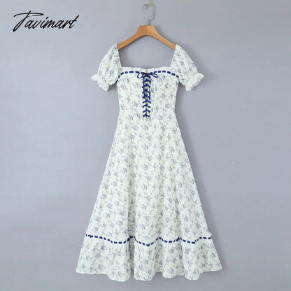 New Summer Print Plaid Short Sleeve Square Collar High Waist Lace-up Holiday Vocation Beach Long Women Dress
