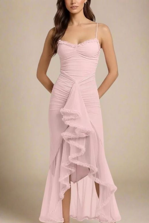 Dusty Pink Ruched Spaghetti Strap Cascading Ruffle High Low Maxi Dress