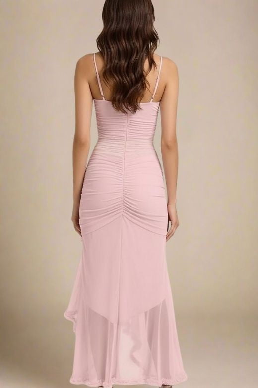 Dusty Pink Ruched Spaghetti Strap Cascading Ruffle High Low Maxi Dress