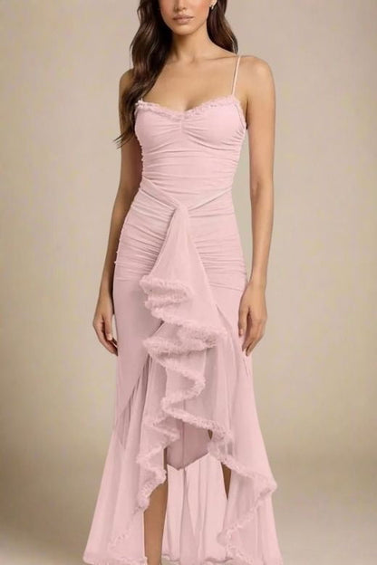 Dusty Pink Ruched Spaghetti Strap Cascading Ruffle High Low Maxi Dress