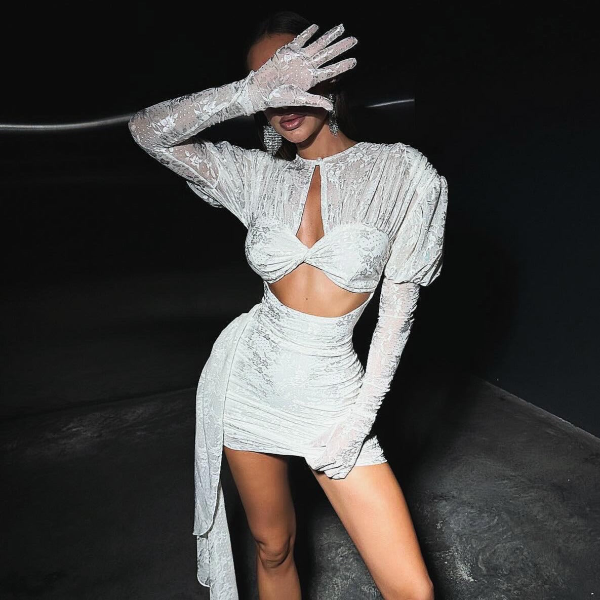One Shoulder Draped Glove Sleeve Satin Mini Dress