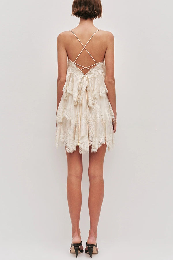 Ophelia Layered Lace Trim Tiers Adjustable Straps Backless A-line Mini Dress