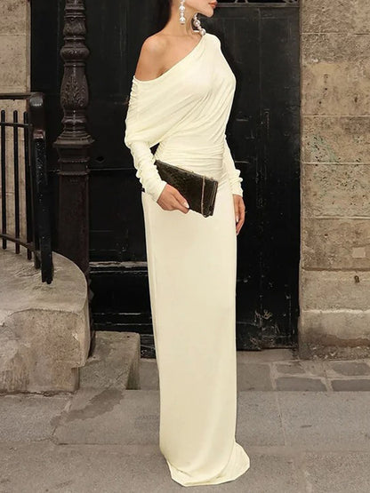 One Shoulder Cold Shoulder Ruched Chain Belt Drape Maxi Dress