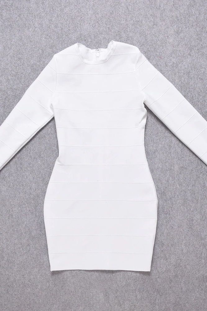 Pearl White Long Sleeve Crew Neck Bandage Bodycon Mini Dress
