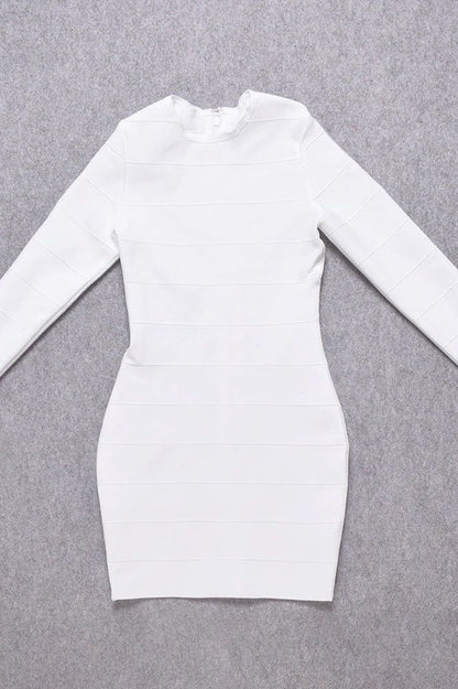 Pearl White Long Sleeve Crew Neck Bandage Bodycon Mini Dress